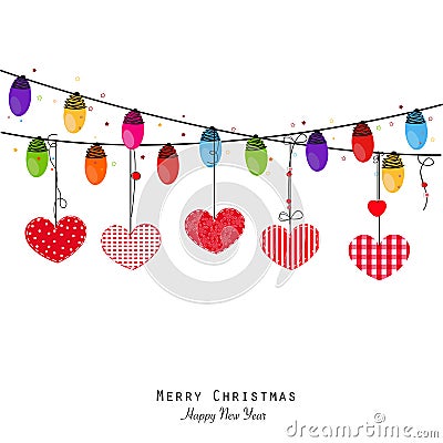 Colorful Christmas light bulb and hearts. Happy new year greeting card Vector Illustration