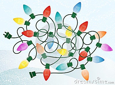 Retro Christmas Lights Tangle on Snowy Background Vector Illustration