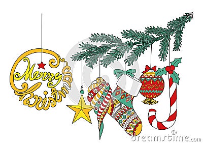 Colorful Christmas ornamentals hanging on Christmas tree branch for design element.Vector illustration Vector Illustration