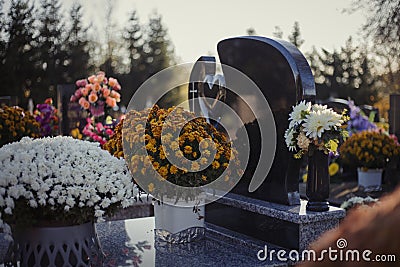 Colorful chrysanthemums decorate the tombstones in the cemetery. Floral decoration on a tomb stone. Autumn scene Stock Photo