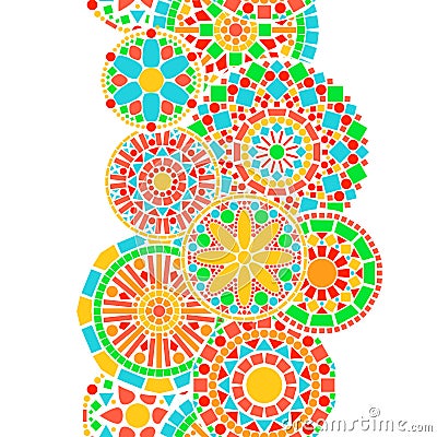 Colorful circle floral mandala border in green and orange on white seamless pattern, vector Vector Illustration