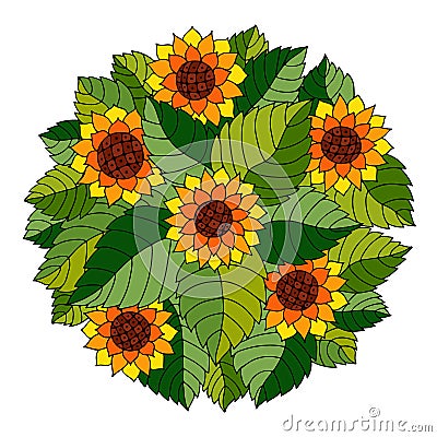 Colorful circle floral ornament with sunflowers and leaves in gypsy style Stock Photo