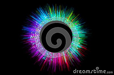 colorful circle frame circle light frame on black background Multi-coloured starbursts are radiating with radiance. Stock Photo