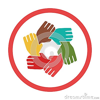 Colorful circular frame with silhouette hands teamwork Vector Illustration