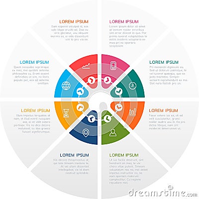 Colorful circular infographic presents data and information using distinct segments, each featuring icons and text Vector Illustration