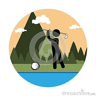 Colorful circular landscape with background mountains and golf player Vector Illustration