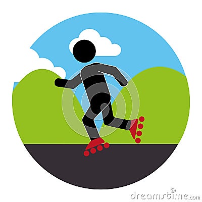 Colorful circular landscape with man in roller skates Vector Illustration