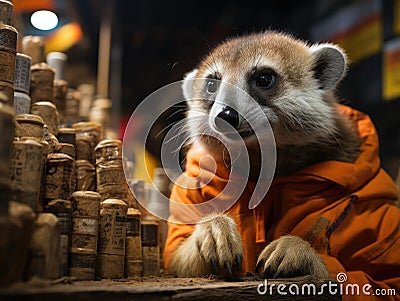 Meerkat selling circus tickets Camera settings included Stock Photo