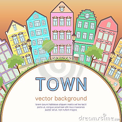 Colorful city background, abstract stylized houses card, banner, cover. Multicolored European houses in row, sunset sky, lawn, Vector Illustration