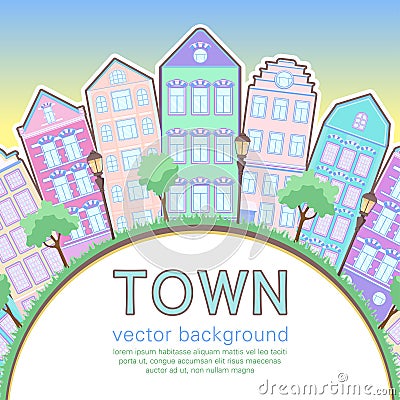 Colorful city background, abstract stylized houses card, banner, cover. Multicolored European houses in row, sunset sky, lawn, Vector Illustration