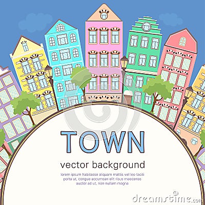 Colorful city background, abstract stylized houses card, banner, cover. Multicolored European houses in row, blue sky, lawn, Vector Illustration