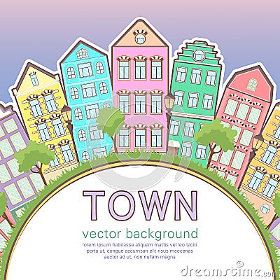 Colorful city background, abstract stylized houses card, banner, cover. Multicolored European houses in row, sunset sky, lawn, Vector Illustration