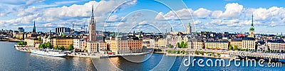 Stockholm city landscape of the old town, Gamla Stan and city hall island on the waterfront of Lake Malaren from Monteliusvagen Editorial Stock Photo