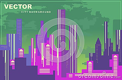 Colorful city panorama. Silhouettes of buildings, cityscape at night, vector background. Tall buildings, towers, skyscrapers. Vector Illustration