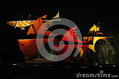Colorful city sculpture standing in Garden Night Shift Wuhu,Anhui Editorial Stock Photo