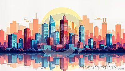 Colorful city skyline panorama shows modern buildings, urban landscape. Urban area reflected in water. Vibrant colors depict city Stock Photo