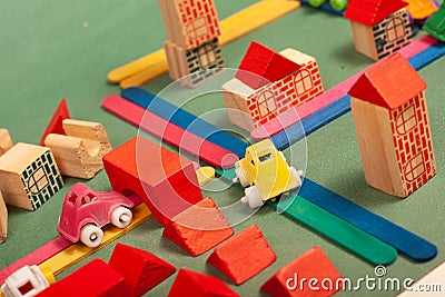 Colorful city toys cars aeroplanes houses Stock Photo