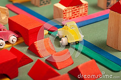 Colorful city toys cars aeroplanes houses Stock Photo