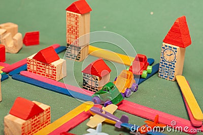 Colorful city toys cars aeroplanes houses Stock Photo