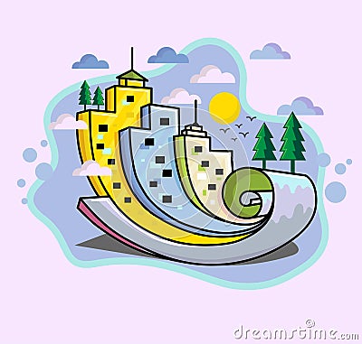 Colorful city with tree, cloud and sun vector Vector Illustration