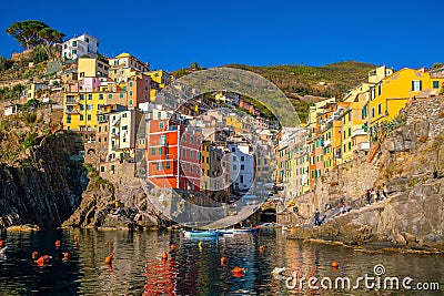 Colorful cityscape of buildings over Mediterranean sea, Europe, Cinque Terre in Italy Editorial Stock Photo