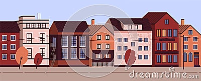 Colorful cityscape with modern residential buildings. Suburban area horizontal panoramic banner. Urban street landscape Vector Illustration