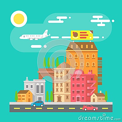 Colorful cityscape scene in flat design Vector Illustration