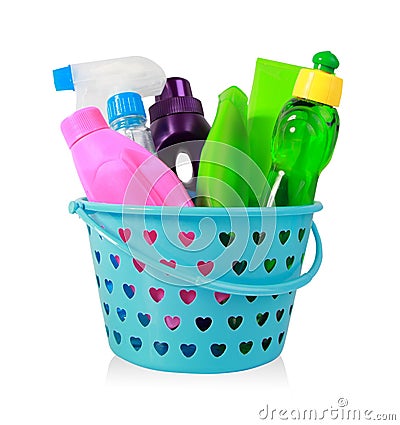 Colorful cleaning products isolated over white Stock Photo