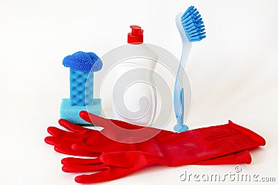 Colorful cleaning tool set jn white background. Stock Photo