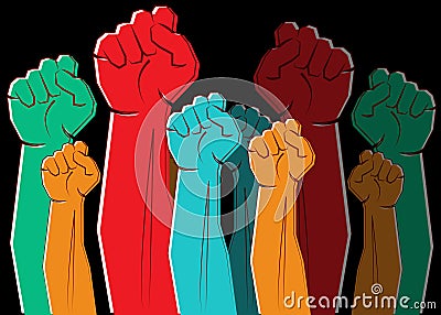 Colorful clenched fists hands raised in the air. Protest, strength, freedom, revolution, rebel, revolt concept design vector Vector Illustration