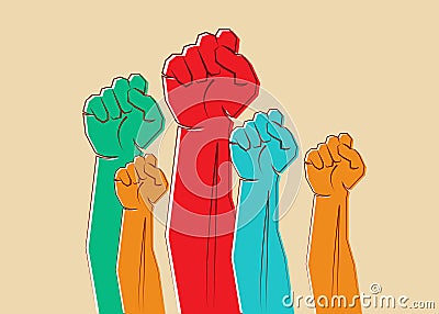 Colorful clenched fists hands raised in the air. Protest, strength, freedom, revolution, rebel, revolt concept design vector icons Vector Illustration