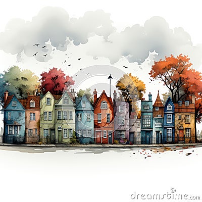 Colorful Clipart of Quirky English Countryside Houses AI Generated Cartoon Illustration