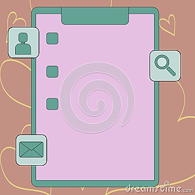 Colorful Clipboard with Tick Box and Three Apps Icons, Magnifying Glass, Chat Head, Envelope. Creative Background Idea Vector Illustration