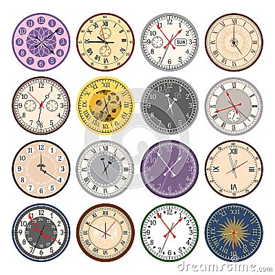 Colorful clock faces vintage modern parts index dial watch arrows numbers dial face vector illustration Vector Illustration