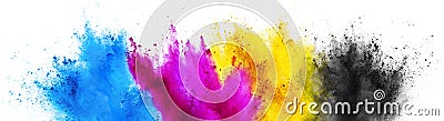 Colorful CMYK cyan magenta yellow key holi paint color powder explosion print concept isolated white background Stock Photo