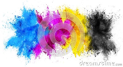 Colorful CMYK cyan magenta yellow key holi paint color powder explosion print concept isolated white background Stock Photo