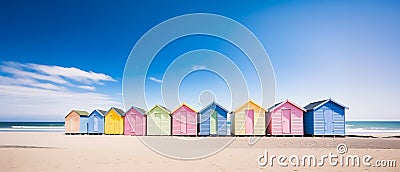 Colorful Coastline: Exploring the Vibrant Beach Huts of a Coasta Stock Photo