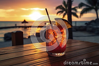 Colorful cocktail or juice in a glass decorated on a wooden table on blurred seascape background Stock Photo