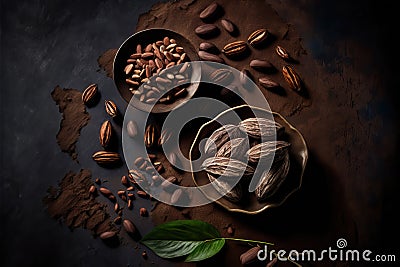 Colorful cocoa seeds on dark table. Healthy vegan superfood. Ai generated art Stock Photo