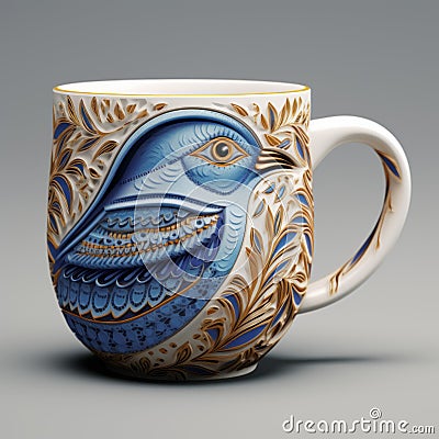 Intricate Blue Bird Mug With Hyper-realistic Details Stock Photo
