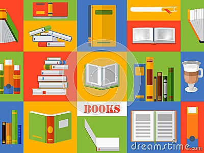 Colorful collage with books in flat style, vector illustration. Set of stickers and icons for library or bookstore Vector Illustration