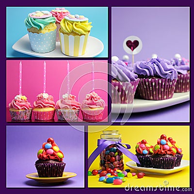 Colorful collage of bright color cupcakes Stock Photo