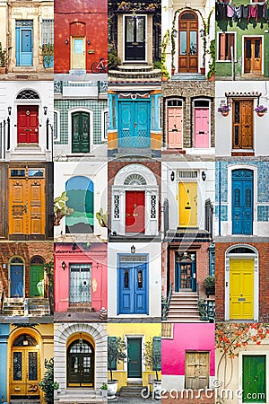 Colorful collage of entrance doors from around the world Stock Photo
