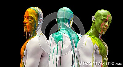 Colorful collage. Male body and face covered with multicolored paints over black background. Muscular build Stock Photo