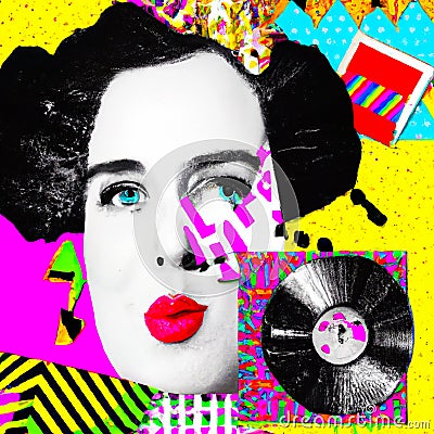 Colorful collage of portrait and different elements, fusion of contemporary Pop Art and old-fashioned style background Stock Photo