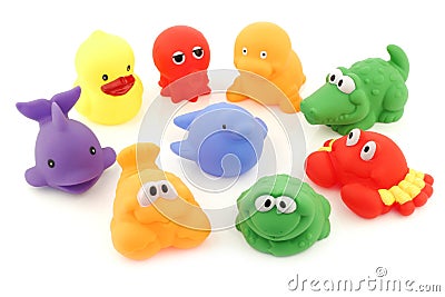 Colorful collection of bathing toys Stock Photo