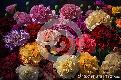 A colorful collection of blooming carnations on a dark background, Generative AI Stock Photo