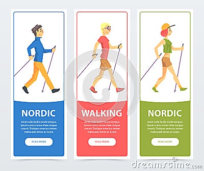 Colorful collection of cards with people Nordic walkers. Active young people outdoor. Sport and healthy lifestyle Vector Illustration