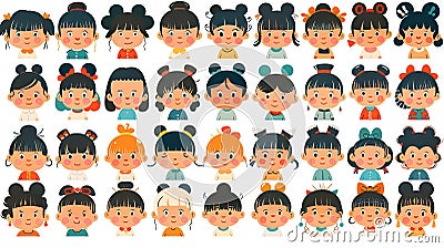 A colorful collection of cute, cartoonish little girl faces with various hairstyles. Stock Photo