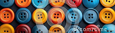 Colorful collection of round buttons in various shades and sizes, arranged in rows providing a vibrant visual pattern Stock Photo